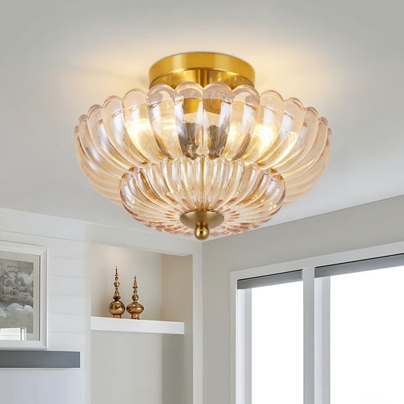 TICOZE 11.8 Inch Amber Glass Semi Flush Mount Ceiling Light, 3-Light Vintage Ceiling Light Fixture, Close to Ceiling Lamp for Hallway, Living Room, Kitchen, Bedroom, Bathroom(Bulb Not Included)