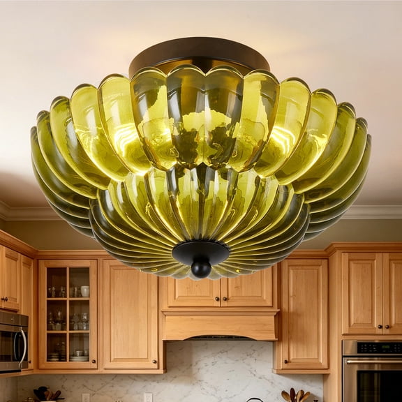 TICOZE 11.8 Inch Semi Flush Mount Ceiling Light, Green Floral Glass Ceiling Light Fixture, 3-Bulb Black Close to Ceiling Light, Dimmable for Bedroom, Kitchen, Living Room (Bulb Not Included)