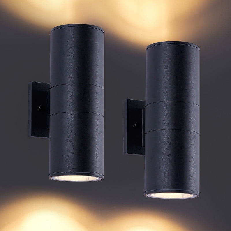 TICOZE 12 Inch Modern Outdoor Porch Light Pack of 2 Matte Black Outdoor Wall Sconce 2 Light Aluminum Cylinder with Tempered Glass Cover Waterproof Patio Light for House Garage
