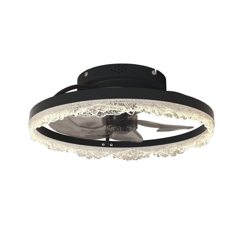 TICOZE 16" Decorative LED Ceiling Fan Light – Modern Flush Mount with Crystal-Inspired Acrylic Ring, Hidden Blades, Remote Control, and Dimmable Light for Stylish Homes (Black)