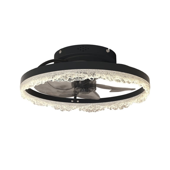 TICOZE 16" Decorative LED Ceiling Fan Light – Modern Flush Mount with Crystal-Inspired Acrylic Ring, Hidden Blades, Remote Control, and Dimmable Light for Stylish Homes (Black)