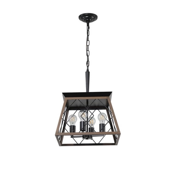 TICOZE 16" Walnut & Black Industrial Pendant Chandelier, 4-Light Metal Cage Pendant Light with Adjustable Chain for Kitchen Island, Dining Room, Living Room(No Bulbs)
