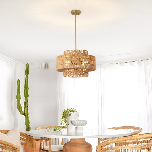 TICOZE 17.7 Inch Boho Rattan Chandelier Lights, 4 Light Hand Woven Wicker Pendant Light for Dining Kitchen Living Bedroom, Farmhouse Rustic Pendant Lighting Fixtures with Gold Frame