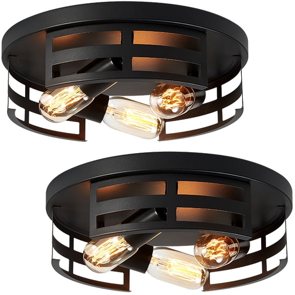 TICOZE 2 Pack Industrial Black Flush Mount Ceiling Light Fixture, 13 Inch Matte Metal Light Fixtures for Hallway, Kitchen, Farmhouse, Antique 3-Light Design (Bulbs Not Included)