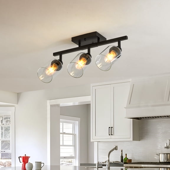 TICOZE 3-Lights Semi Flush Mount Ceiling Light, Adjustable Track Lighting with Clear Glass Shades, Rotatable Black Light Fixtures for Hallway Foyer Kitchen Bedroom, E26 Base, Bulbs Not Included