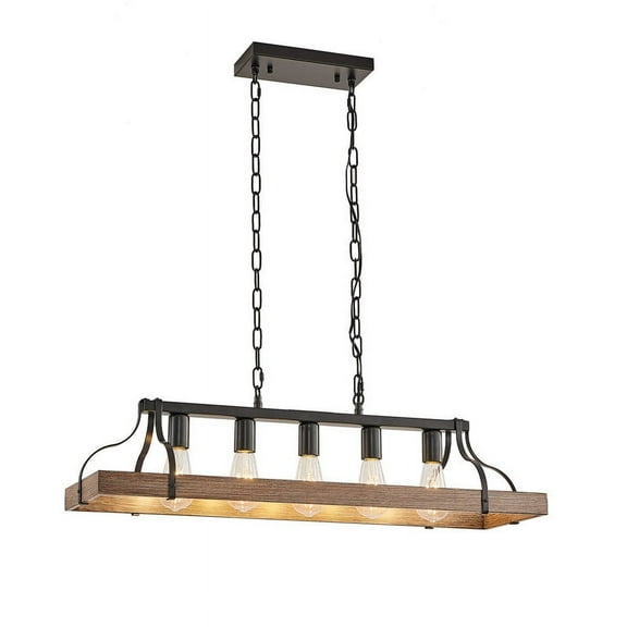 TICOZE 34-Inch Black & Walnut Wood Grain Pendant Light, 5-Light Farmhouse Chandelier with Adjustable Chain for Dining Room, Kitchen & Living Room(Bulb Not Included)