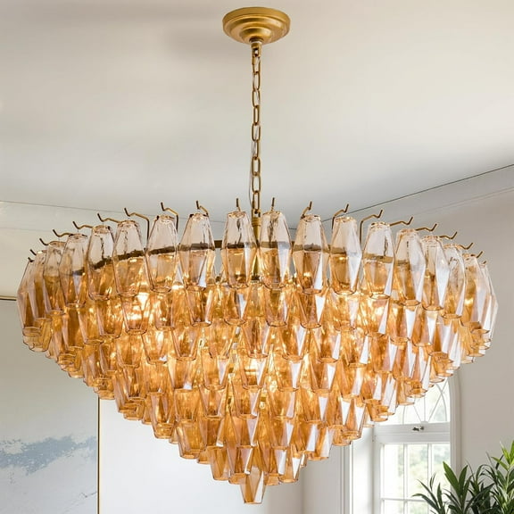 TICOZE 37" Extra Large Gold Modern Chandelier with 172 Smoke Glass Tubes - 14-Light Dimmable Tiered Brass Chandelier for Dining Room, Foyer and High Ceiling Spaces