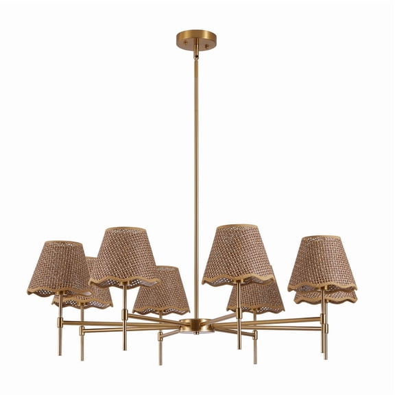 TICOZE 38.6 Inch Gold Farmhouse Chandelier Lights, 8 Light Boho Pendant Light with Adjustable Hanging Pole for Dining Living Bedroom, Large Rustic Rattan Pendant Lighting Fixtures with E12 Base
