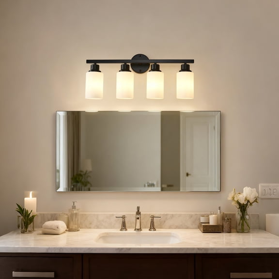 TICOZE 4-Light Matte Black Wall Lamps with White Glass Shades - Modern Sconce Vanity Lighting for Bedroom and Living Room (Bulbs Not Included)