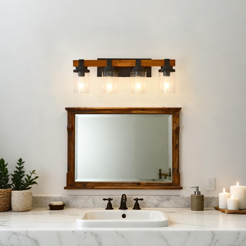 TICOZE 4-Light Matte Black and Wooden Wall Lamps with Glass Shade Vanity Lighting Fixtures for Dining Room Hallway Bedroom (Bulbs Not Included)