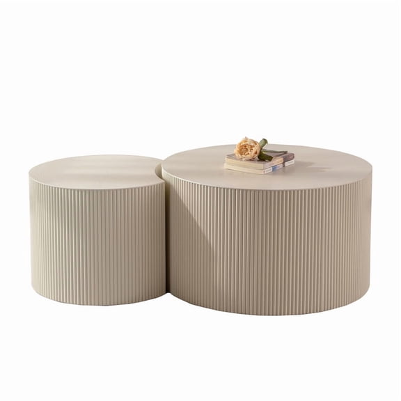 TICOZE 47.25" Round Handcrafted Olive-Shaped Coffee Table with Relief Design - Modern Beige & Cream Wooden Tea Table for Living Room