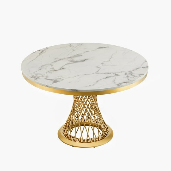 TICOZE 47" Round Marble Dining Table, Modern Kitchen Table with High Gloss Faux Marble Tabletop and Stainless Steel Base for Dining Room, Kitchen (Gold,White)(Only a table)