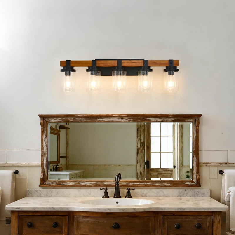 TICOZE 5-Light Matte Black and Wood Wall Lamps with Glass Lamp Shades Vanity Lighting Fixtures for Bathroom Kitchen Dining Room (Bulbs Not Included)