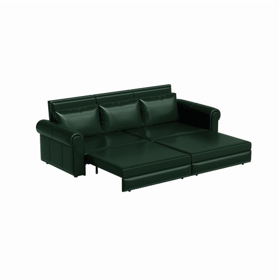 TICOZE 93.7" Chesterfield King Pull Out Sofa Bed, 3-in-1 Green Faux Leather Convertible Sleeper Sofa with Nailhead Trim, Multi-Functional Sofa Bed for Living Room and Bedroom