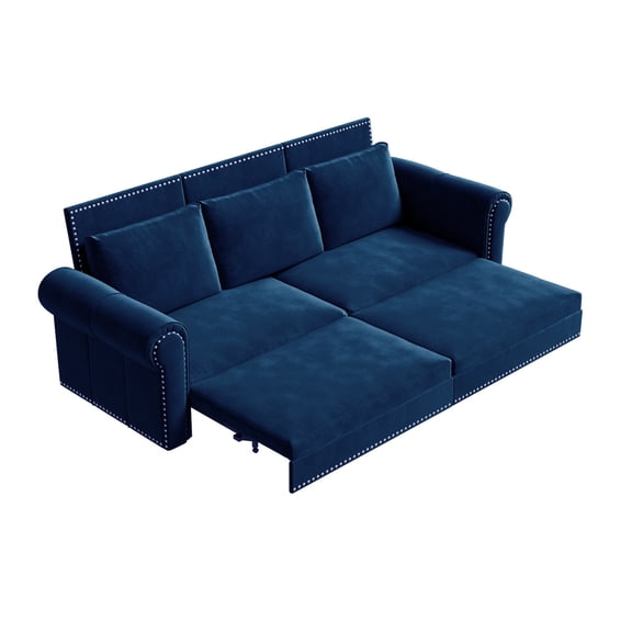 TICOZE 93.7 Inch Blue Velvet Chesterfield Sofa Bed, 3-in-1 Convertible Sleeper Sofa with Nailhead Trim, King Size Pull Out Couch for Living Room, Bedroom, and Office