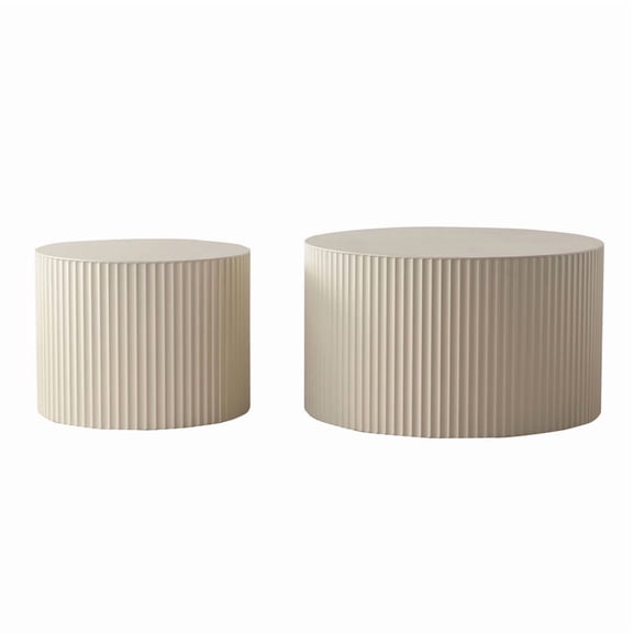 TICOZE Beige Nesting Coffee Table Set of 2 Modern Drum Side Table End Table Wave Stripe Round Coffee Table for Living Room