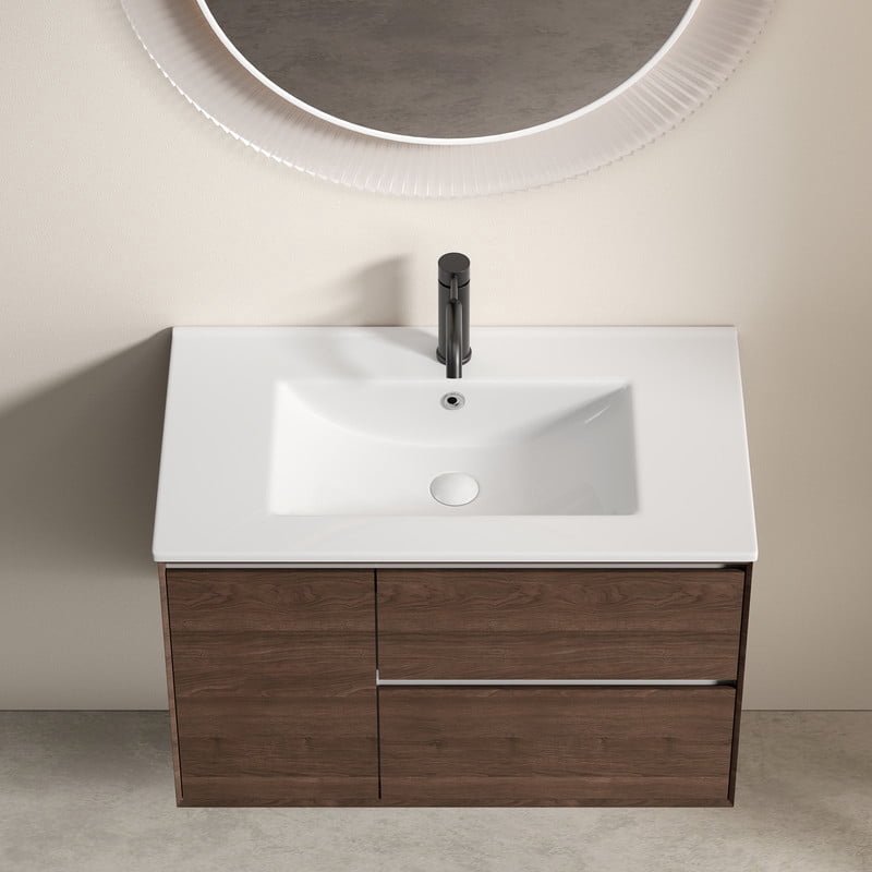 TICOZE Glossy White 30" Bathroom Vessel Sink, Durable Ceramic Bathroom Sink with Integrated Bathroom Vanity Sink Top, Pre-Drilled for Standard Faucet, Overflow Protection,Drain-Free Storage Design