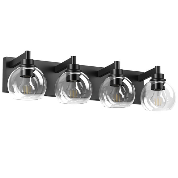 TICOZE Industrial 4-Light Bathroom Vanity Light Fixture Over Mirror, Matte Black with Clear Glass Globe Shades (Bulbs Not Included)