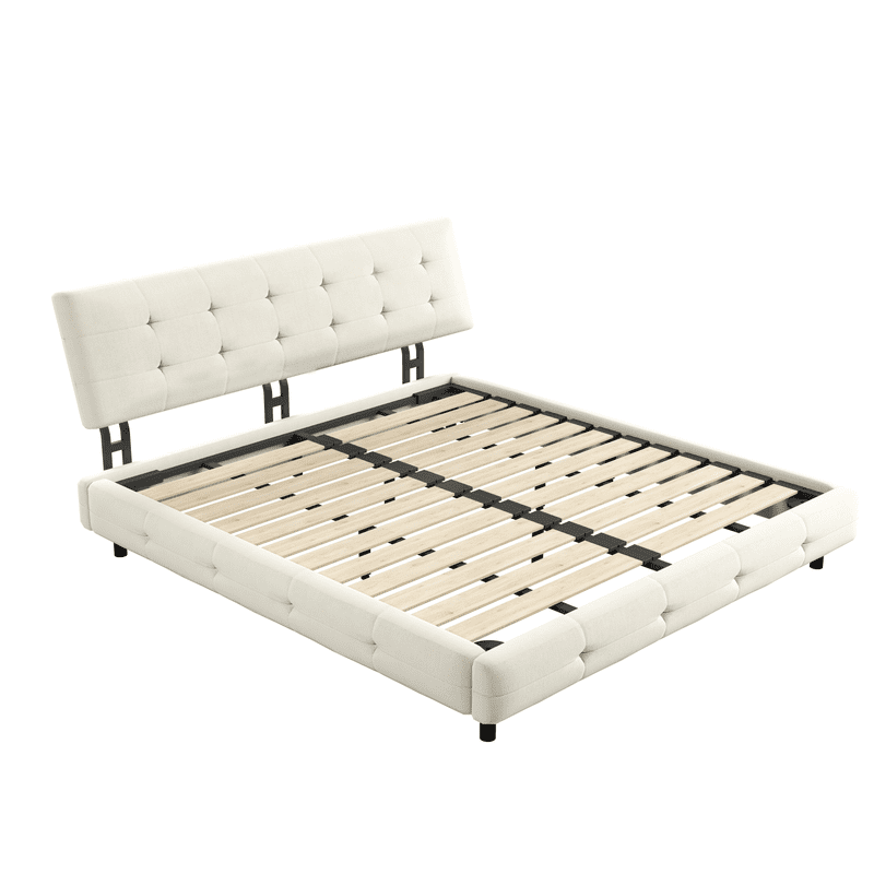 TICOZE King Size Bed Frame with Extra-Large Cloud Pillow Headboard, Chenille Upholstery and Hybrid Metal-Wood Support System in Beige/White