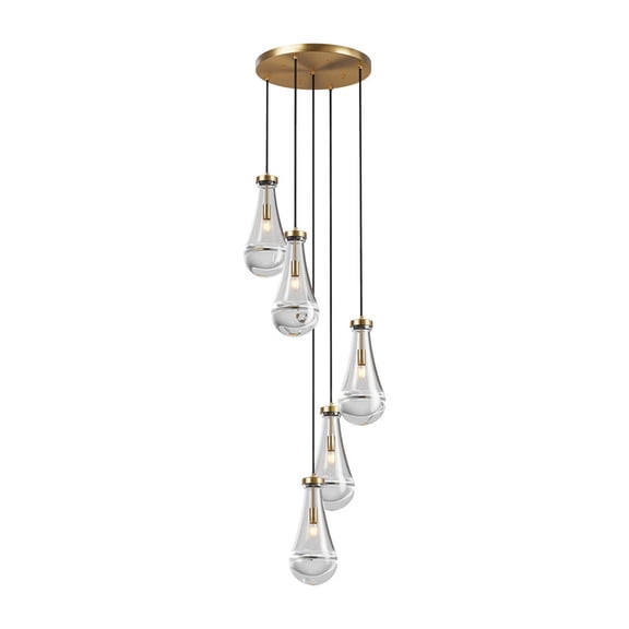 TICOZE Modern 5-Light Brass Pendant Light for High Ceilings, Adjustable Rope Chandelier with Raindrop Glass for Kitchen Island, Foyer, Stairwell (Bulbs Not Included)