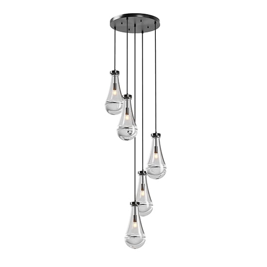 TICOZE Modern 5-Light Pendant Light for High Ceilings, Adjustable Black Rope Chandelier with Raindrop Glass for Kitchen Island, Foyer, Stairwell (Bulbs Not Included)