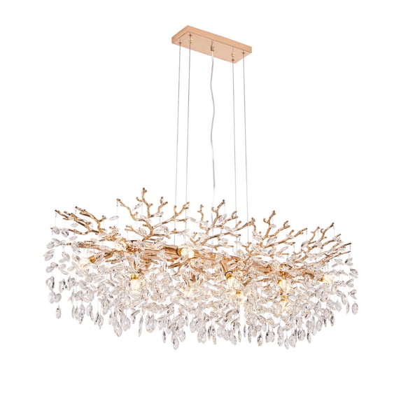 TICOZE Modern Rectangular Crystal Chandelier, 49.2" Gold Tree Branch Pendant Lighting with 14 Lights Luxury Raindrop Light Pendant Lights for Dining Room Kitchen Living Room(Bulbs Not Included)