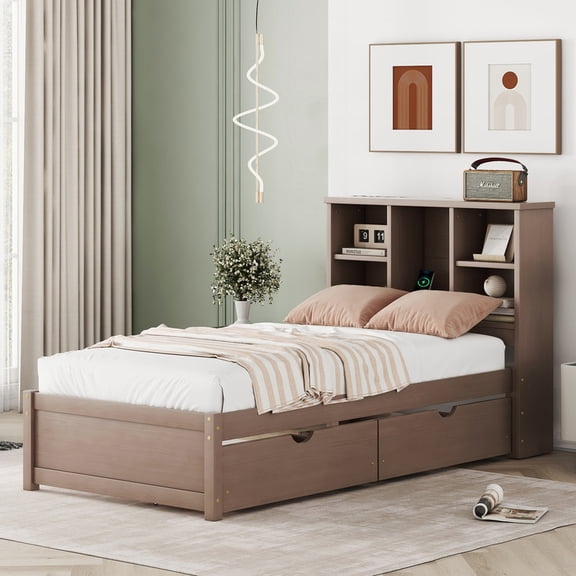 TICOZE Modern Twin Bed Frame with USB Charging Bookcase Headboard & 2 Storage Drawers in Rich Walnut Finish