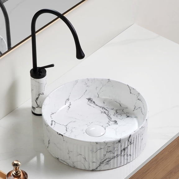 Basdien Round 15 Inch Black White Marble Vessel Sink, Above Counter Bathroom Sink Vanity Sink, Porcelain Ceramic Sink with Faucet and Drain Included