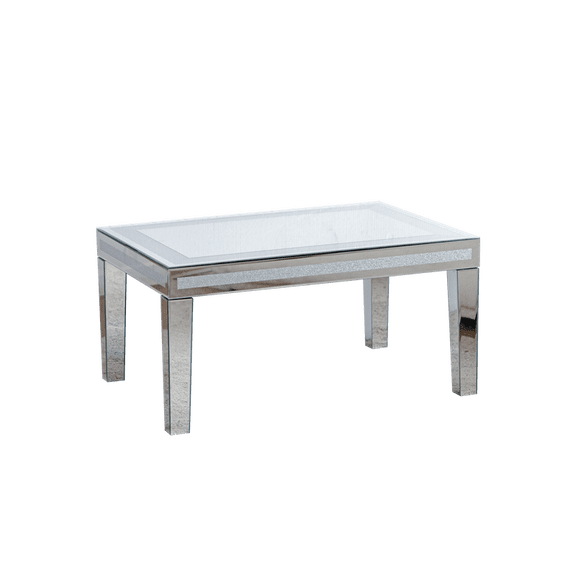TICOZE Silver Glam Coffee Table with Crushed Crystal Border & Clear Glass Top - Modern Mirrored Rectangle Center Table for Living Room