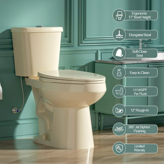 TICOZE Tall Toilet 17 Inch, ADA High Toilets, Chair Height, Comfort Elongated Bowl Heigh 17", Seat Height 18", Two-Piece Dual Flush 1.1/1.6 GPF, 12 Inch Rough-in, Bone Color, for Bathroom