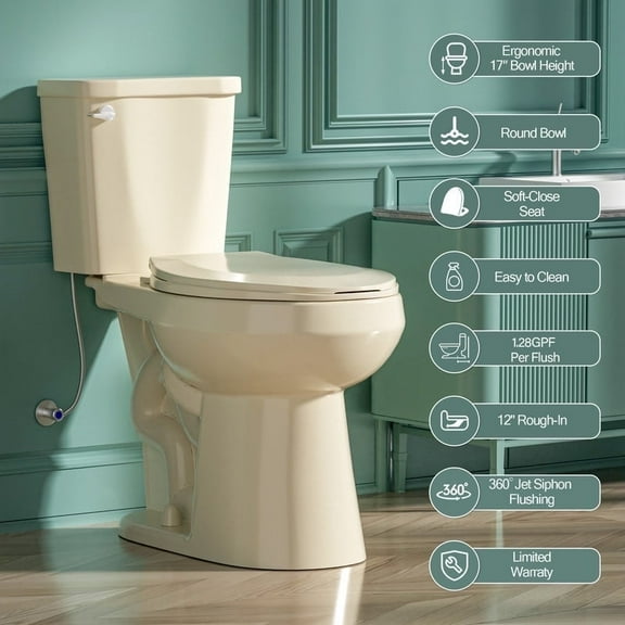 TICOZE Tall Toilet 17 Inch for Seniors, Extra High Toilet, Comfort Bowl Heigh 17", Two-Piece Single Flush 1.28 GPF, 12 Inch Rough-in, Bone Color, for Small Bathroom