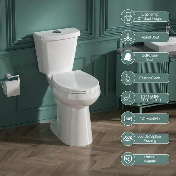 TICOZE Tall Toilet 21 Inch for Seniors, Extra High Toilets for Small Bathroom, Comfort Bowl Heigh 21 Inch, Two-Piece Dual Flush 1.1/1.6 GPF, 12 Inch Rough-in, White Color