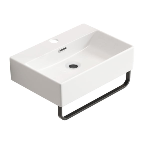 Basdien Wall Mounted 20 Inch White Vessel Sink with Towel Rack, Small Floating Bathroom Sink Vanity Sink, Modern Ceramic Sink with Faucet Hole