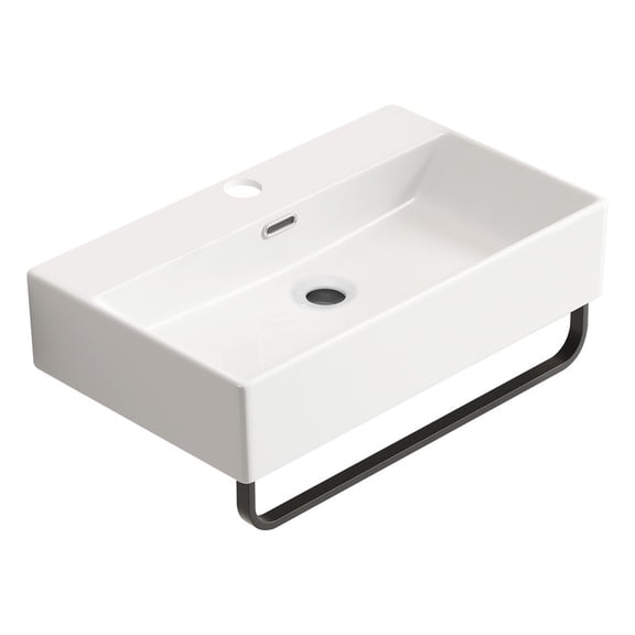 TICOZE Wall Mounted 23.6 Inch White Vessel Sink with Towel Rack, Small Floating Bathroom Sink Vanity Sink, Modern Ceramic Sink with Faucet Hole
