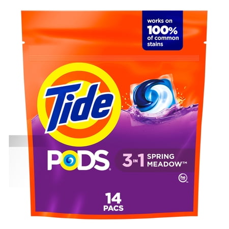 Tide PODs Laundry Detergent, 14 Count, Spring Meadow Scent, 3-in-1 Stain Remover, Odor Fighter, Color Protector, Concentrated Laundry Soap Pacs