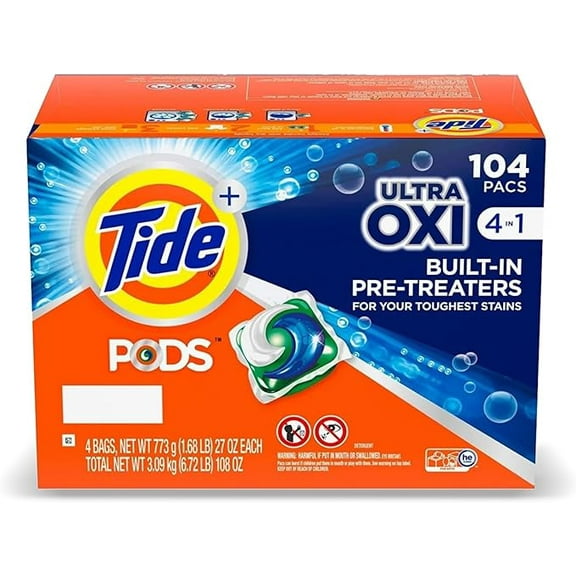 TIDE PODS Liquid Laundry Detergent Pacs, 4-in-1 Ultra Oxi, HE Compatible, Built-in Pre-Treater for Stains, 104 Count, 4 Bags