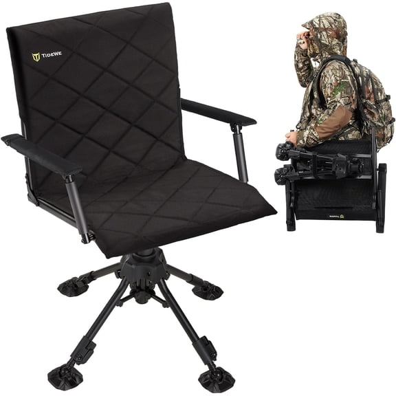 TIDEWE Hunting Chair with Seat Cover, 360 Degree Silent Swivel Blind Folding Chair, 4 Legs Adjustable Height Hunting Seats with Armrest, Portable Comfortable Stable Ground Hunting Chair