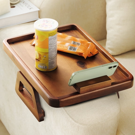 TIDITA 15.7" Acacia Wood Sofa Arm Tray with Adjustable Phone Holder, Large Couch Arm Table, Non-Slip Pads, 360° Rotating Holder