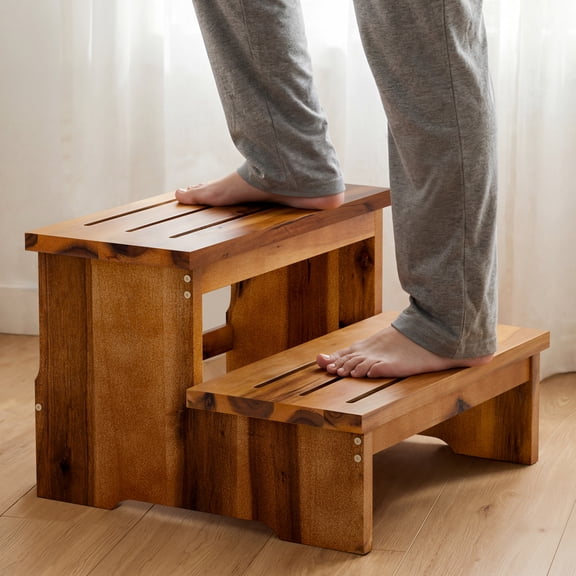 16.5" Acacia Wood Long Step Stool for Adult, 300LBS (Patent Pending) | Solid Acacia Wood, 2-step Design, 300LBS Capacity, Non-slip, Water-resistant, Multi-purpose, Easy Assembly, for Bed & Hot Tub