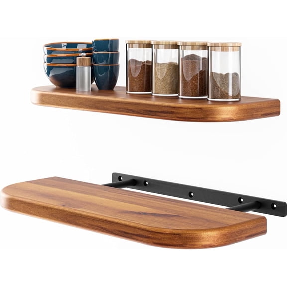 TIDITA 17" Acacia Wood Floating Shelves Wall Mounted (Round Edge), Wooden Shelf for Bedroom, Kitchen - Brackets and Shelving Hardware Included, Brown