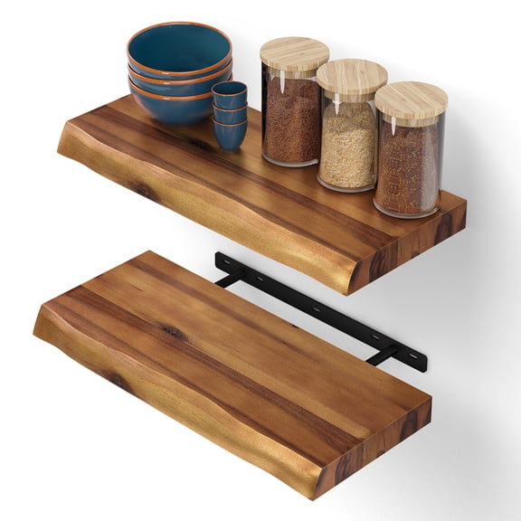 TIDITA 17 Live Edge Floating Shelves, Wooden Floating Shelves Set of 2 Pcs | Acacia Wood, Live Edge Design, Concealed Brackets, 100 Lb Capacity, Rustic Farmhouse Decor, Bedroom Decor