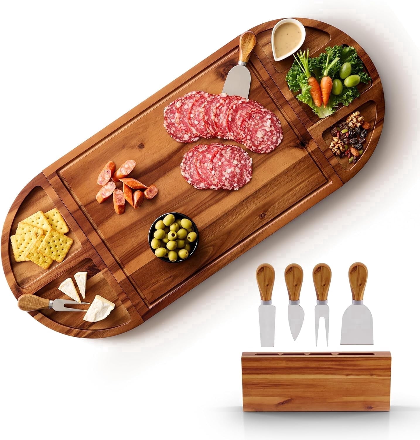 TIDITA 30 inch Large Acacia Wood Charcuterie Board with 4 Knives Set ...