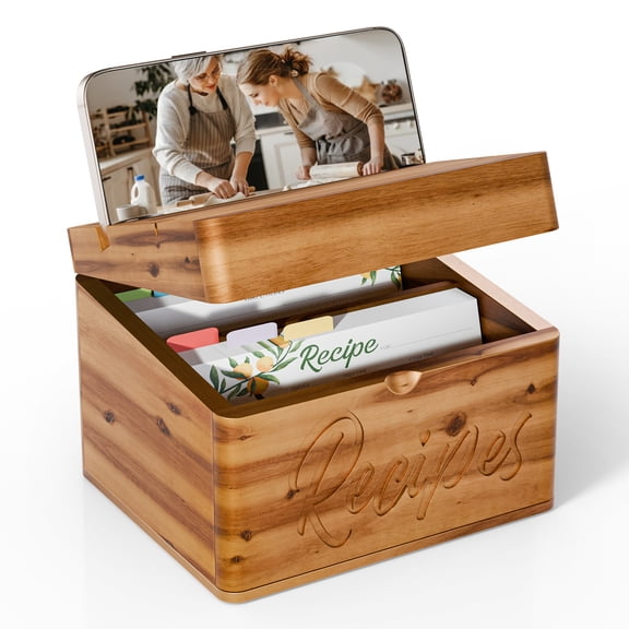 TIDITA Acacia Wood Recipe Box with Phone Holder, 100 4x6 Recipe Cards & 8 Dividers, Dual Compartment, Rounded Corners