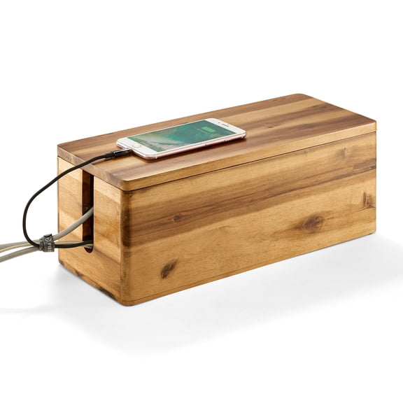 TIDITA 16" L Wooden Cable Management Box Round Edge, Magnetic Lid, Large | 2 Cable Entry Slots, Magnetic Lid, Non-Skid Pads, Wooden Cable Organizer Box, Power Strip Hider Cable Storage Box for Office