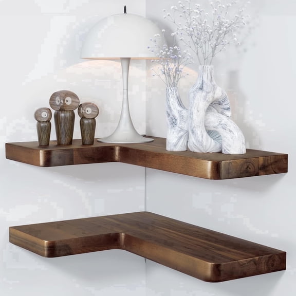 TIDITA Acacia Wood Corner Floating Shelf, 17" x 12", Walnut Finish, Wall Mounted with Brackets and Hardware