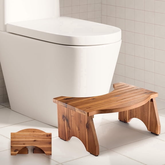 7.2" Acacia Wood Foldable Toilet Stool for Bathroom Adults, Anti-Slip | Solid Acacia Wood Construction, 200 lbs Capacity, Foldable & Portable, No Assembly, Non-slip, Ergonomic & C - Shaped Design