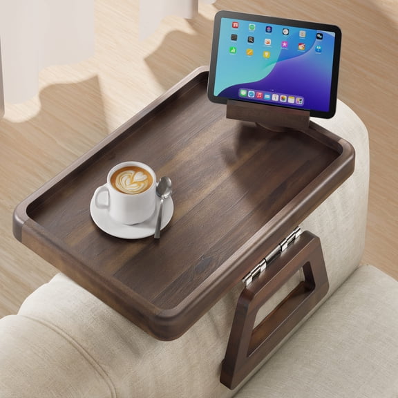 TIDITA Acacia Wood Sofa Arm Tray with 360° Phone Holder, Clip-on Couch Table, Walnut Finish, Non-Slip Pads, Foldable Legs