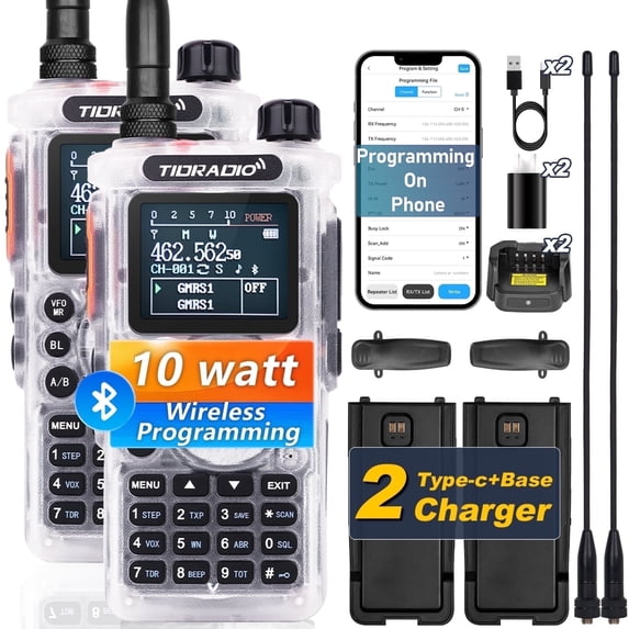 TIDRADIO TD-H8 3rd Gen 10W Ham Two-Way Radio Long Range Programmable with AM FM NOAA Crystal 2-Pack
