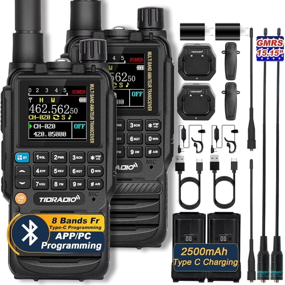 TIDRADIO TD-H3 GMRS Radios Handheld, APP/Web Bluetooth Programming, 8-Band Long Range Walkie Talkies Two Way Radios, Air Band, Freq Copy, DTMF, NOAA Weather, 2500mAh, 15.15in Antenna - Full Kit 2 Pac