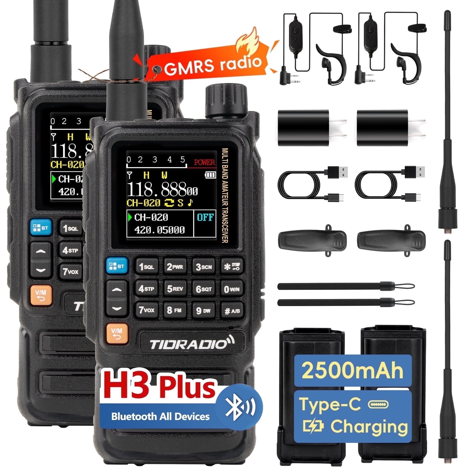 TIDRADIO TD-H3 Plus GMRS Radio Handheld,Bluetooth-Headphone-connectable,Wireless Programming with 711 Antenna, 2Pack